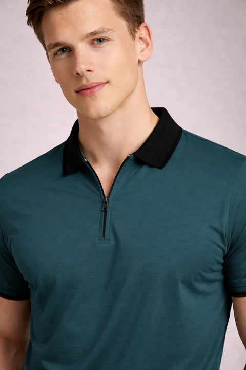 Adro Cotton Polo T Shirt for men | Regular Fit Zipper Polo T-shirt | Short Sleeve Dark Teal Solid Polo Tshirt with Zip | Soft Fabric for Summer