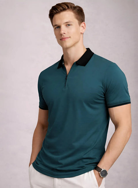 Adro Cotton Polo T Shirt for men | Regular Fit Zipper Polo T-shirt | Short Sleeve Dark Teal Solid Polo Tshirt with Zip | Soft Fabric for Summer