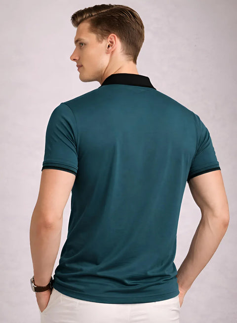 Adro Cotton Polo T Shirt for men | Regular Fit Zipper Polo T-shirt | Short Sleeve Dark Teal Solid Polo Tshirt with Zip | Soft Fabric for Summer