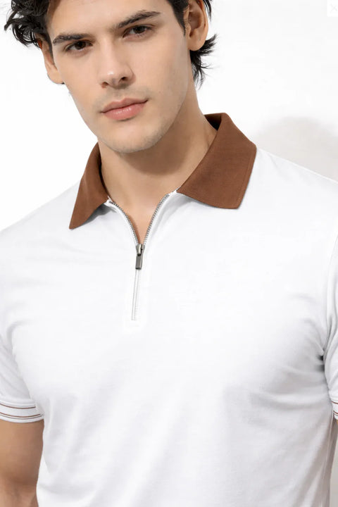 Adro Cotton Polo T Shirt for men | Regular Fit Zipper Polo T-shirt | Short Sleeve Snow White Solid Polo Tshirt with Zip | Soft Fabric for Summer