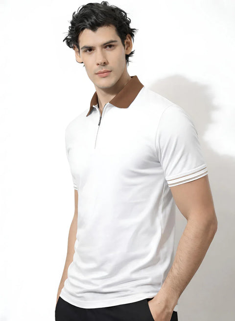 Adro Cotton Polo T Shirt for men | Regular Fit Zipper Polo T-shirt | Short Sleeve Snow White Solid Polo Tshirt with Zip | Soft Fabric for Summer