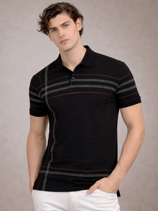 Adro Cotton Polo T Shirt for men  |  Regular Fit Printed Polo T-shirt  |  Short Sleeve Jet Black Polo Tshirt |  Soft Fabric for Summer