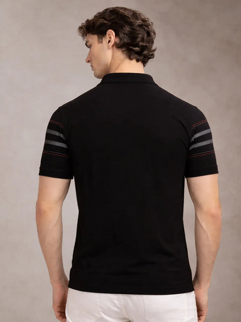 Adro Cotton Polo T Shirt for men | Regular Fit Printed Polo T-shirt | Short Sleeve Jet Black Polo Tshirt | Soft Fabric for Summer