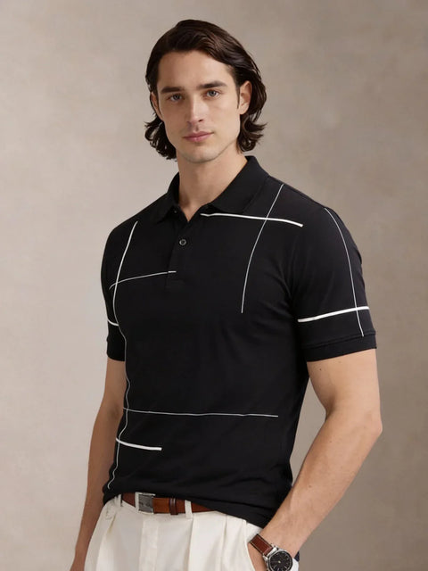 Adro Cotton Polo T Shirt for men | Regular Fit Printed Polo T-shirt | Short Sleeve Black Polo Tshirt | Soft Fabric for Summer