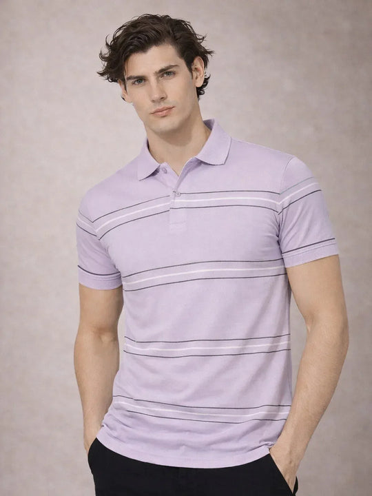 Adro Cotton Polo T Shirt for men  |  Regular Fit Printed Polo T-shirt  |  Short Sleeve Lavender Polo Tshirt |  Soft Fabric for Summer