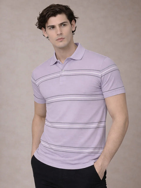 Adro Cotton Polo T Shirt for men | Regular Fit Printed Polo T-shirt | Short Sleeve Lavender Polo Tshirt | Soft Fabric for Summer
