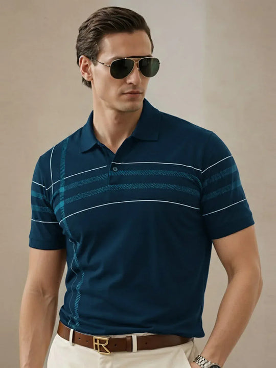 Adro Cotton Polo T Shirt for men  |  Regular Fit Printed Polo T-shirt  |  Short Sleeve Teal Blue Polo Tshirt |  Soft Fabric for Summer