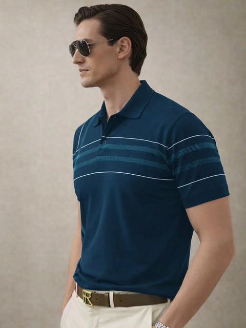Adro Cotton Polo T Shirt for men | Regular Fit Printed Polo T-shirt | Short Sleeve Teal Blue Polo Tshirt | Soft Fabric for Summer