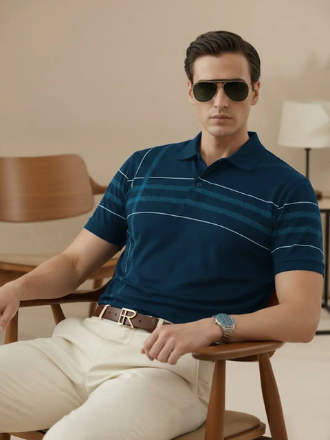 Adro Cotton Polo T Shirt for men | Regular Fit Printed Polo T-shirt | Short Sleeve Teal Blue Polo Tshirt | Soft Fabric for Summer