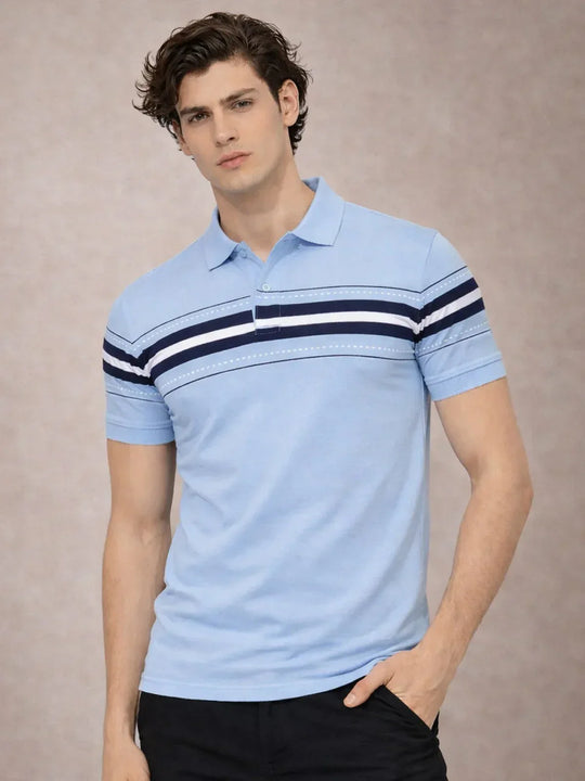 Adro Cotton Polo T Shirt for men  |  Regular Fit Printed Polo T-shirt  |  Short Sleeve Sky Blue Polo Tshirt |  Soft Fabric for Summer