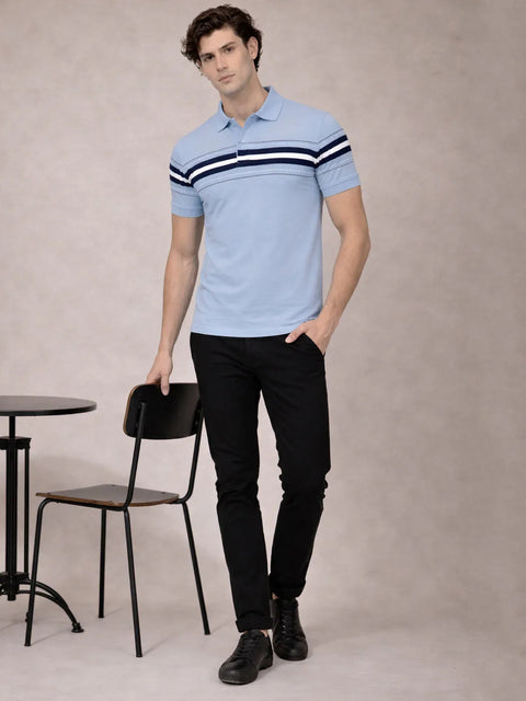 Adro Cotton Polo T Shirt for men | Regular Fit Printed Polo T-shirt | Short Sleeve Sky Blue Polo Tshirt | Soft Fabric for Summer