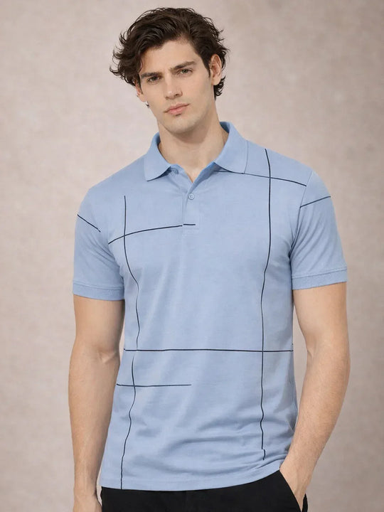 Adro Cotton Polo T Shirt for men  |  Regular Fit Printed Polo T-shirt  |  Short Sleeve Shadow Blue Polo Tshirt |  Soft Fabric for Summer