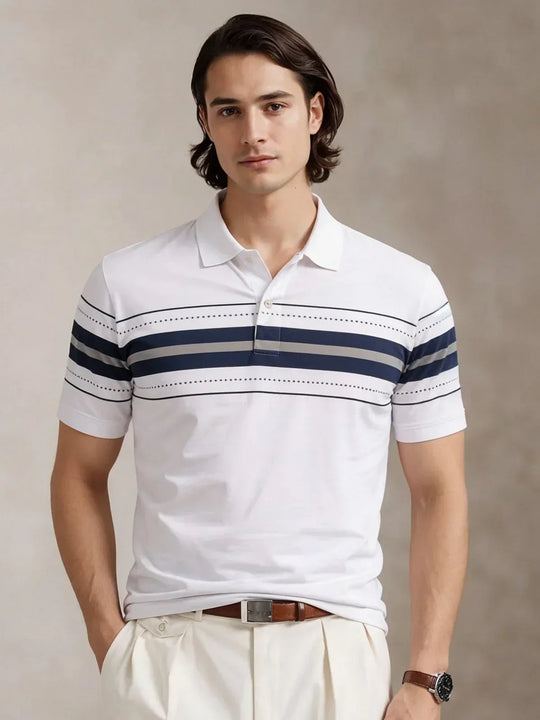 Adro Men’s White Printed Polo T-Shirt – Premium Cotton