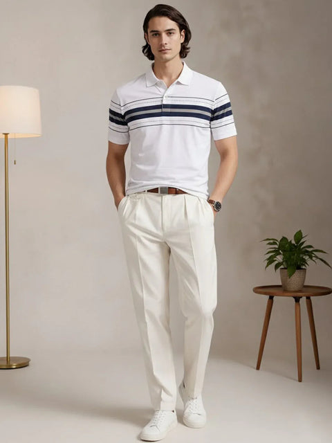 Adro Cotton Polo T Shirt for men | Regular Fit Printed Polo T-shirt | Short Sleeve White Polo Tshirt | Soft Fabric for Summer