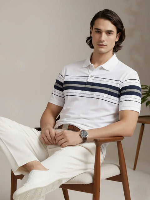 Adro Cotton Polo T Shirt for men | Regular Fit Printed Polo T-shirt | Short Sleeve White Polo Tshirt | Soft Fabric for Summer