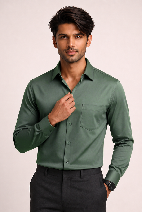 ADRO Premium Cotton Satin Shirt for Men | Casual Fit Solid Full Sleeve Shirt in Sage Green