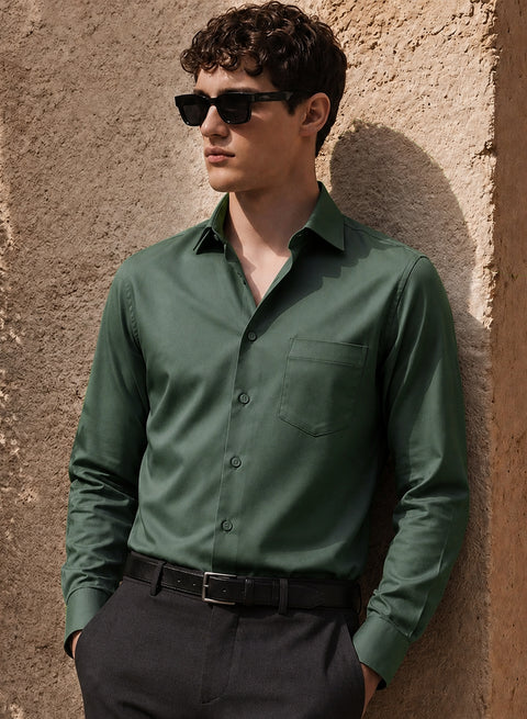 ADRO Premium Cotton Satin Shirt for Men | Casual Fit Solid Full Sleeve Shirt in Sage Green