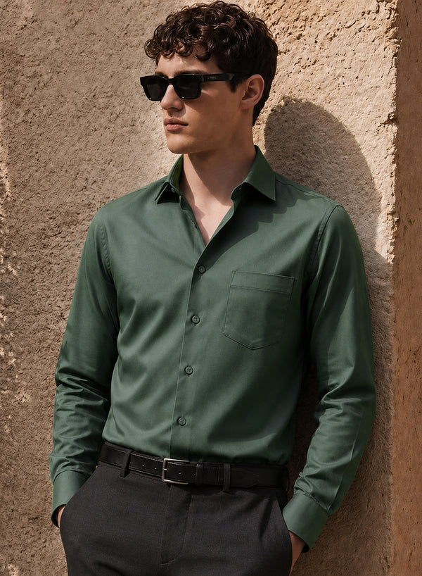 ADRO Premium Cotton Satin Shirt for Men | Casual Fit Solid Full Sleeve Shirt in Sage Green
