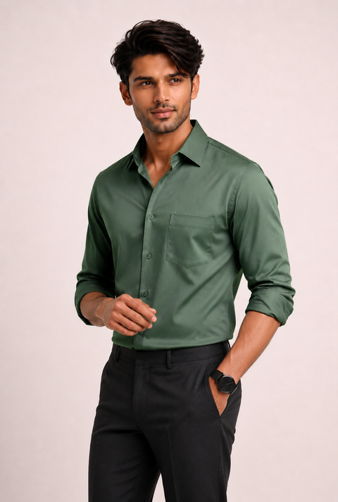 ADRO Premium Cotton Satin Shirt for Men | Casual Fit Solid Full Sleeve Shirt in Sage Green