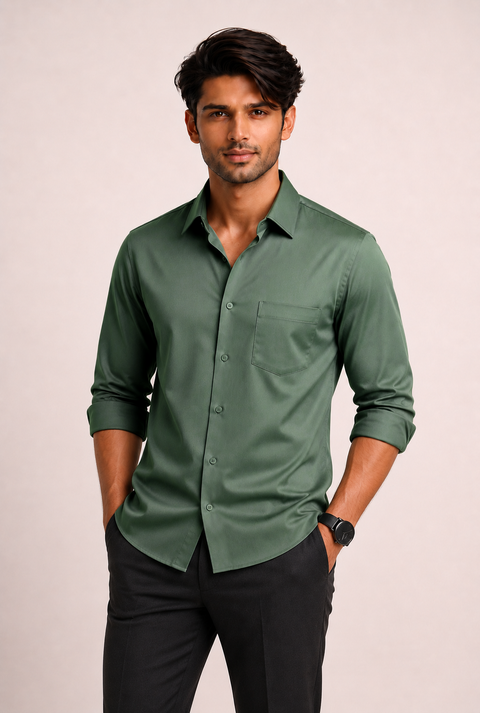 ADRO Premium Cotton Satin Shirt for Men | Casual Fit Solid Full Sleeve Shirt in Sage Green