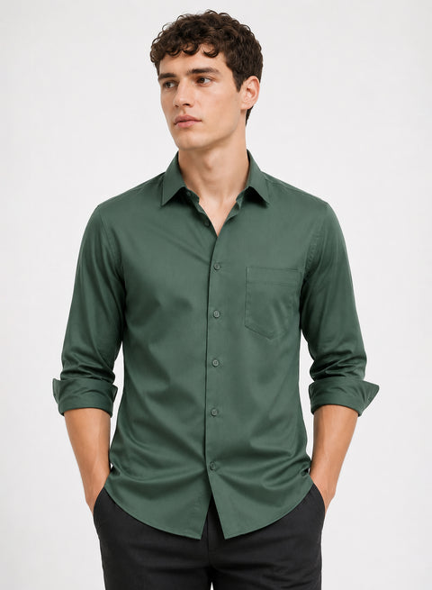 ADRO Premium Cotton Satin Shirt for Men | Casual Fit Solid Full Sleeve Shirt in Sage Green