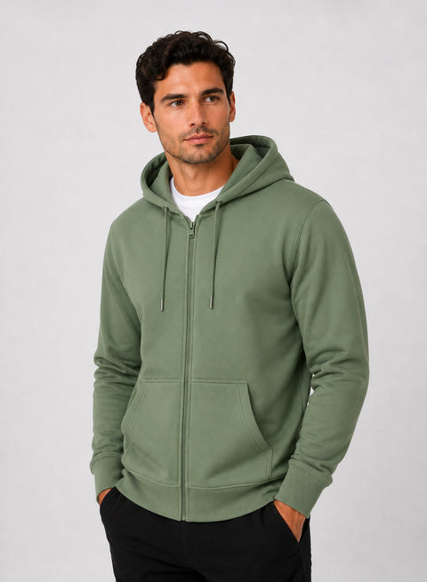 ADRO Zipper Hoodie for Men | 300 GSM Cotton Hoodies | Regular Fit Jacket for Men with Pockets | Sweatshirts with Zipper for Men | Sage Pista