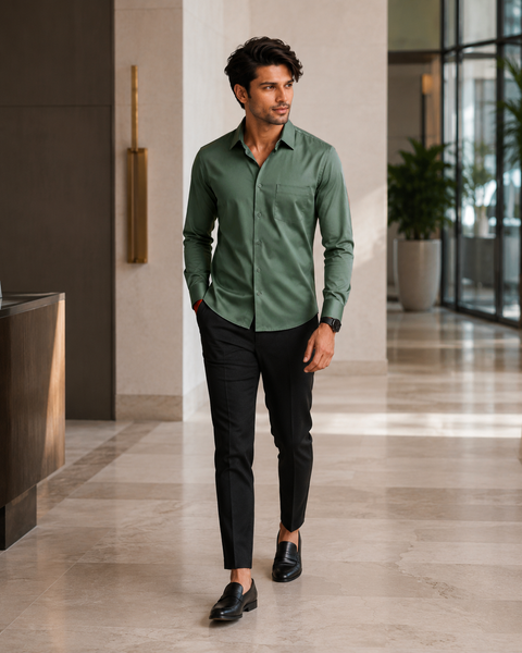 ADRO Premium Cotton Satin Shirt for Men | Casual Fit Solid Full Sleeve Shirt in Sage Green