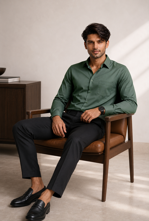 ADRO Premium Cotton Satin Shirt for Men | Casual Fit Solid Full Sleeve Shirt in Sage Green