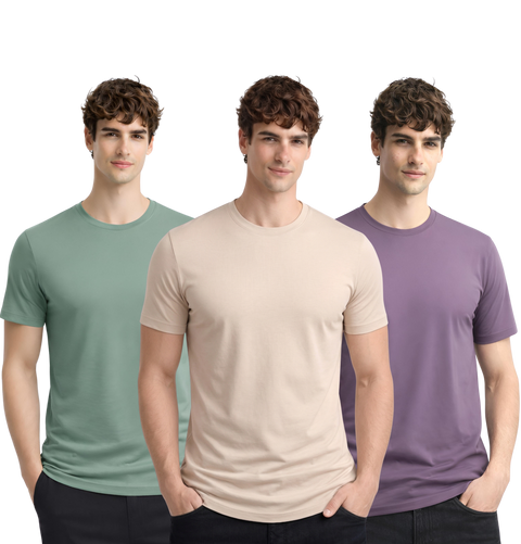Men’s Cotton T-Shirt Combo Pack of 3 | Regular Fit | ADRO Basics Pista, Beige, Lilac