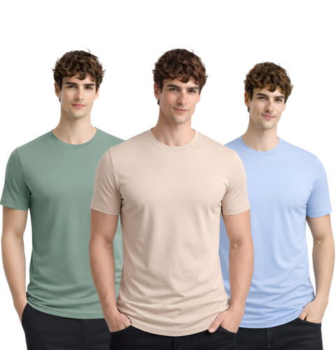 Men’s Cotton T-Shirt Combo Pack of 3 | Regular Fit | ADRO Basics Pista, Beige, Sky Blue