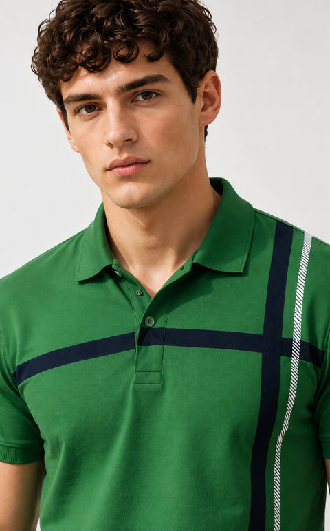 ADRO Men's Printed Stripe Polo T-Shirt | Regular Fit Half Sleeve | Green