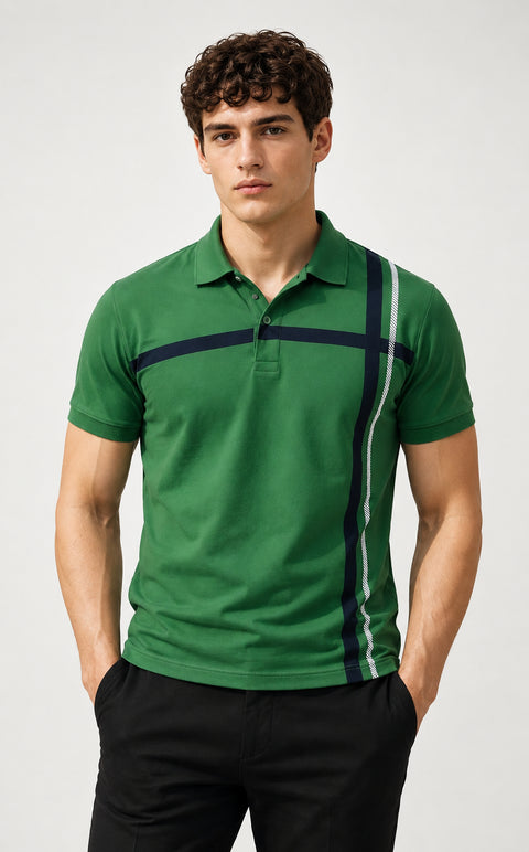ADRO Men's Printed Stripe Polo T-Shirt | Regular Fit Half Sleeve | Green