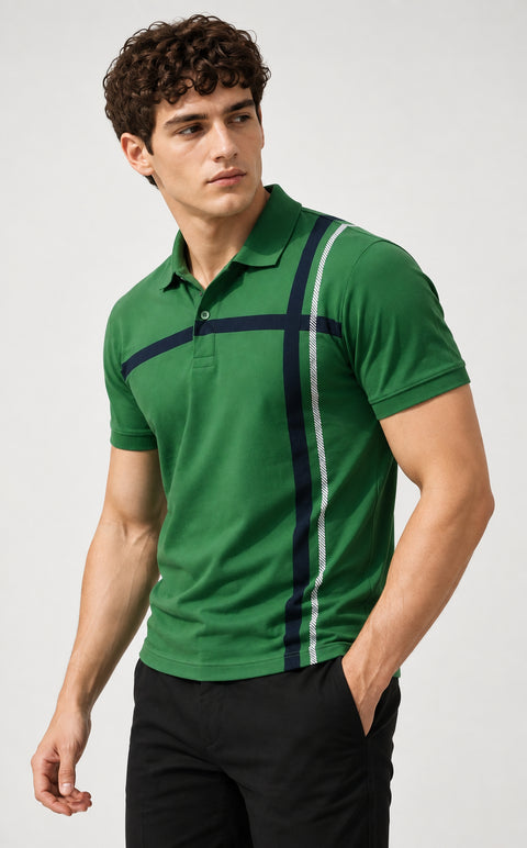 ADRO Men's Printed Stripe Polo T-Shirt | Regular Fit Half Sleeve | Green