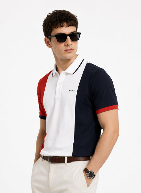Adro Multicolour Polo T Shirt | 100% Cotton Mens Polo Tshirt | Regular Fit Half Sleeve Cut & Sew Polo T-shirt for men | Tricolor Boldwave