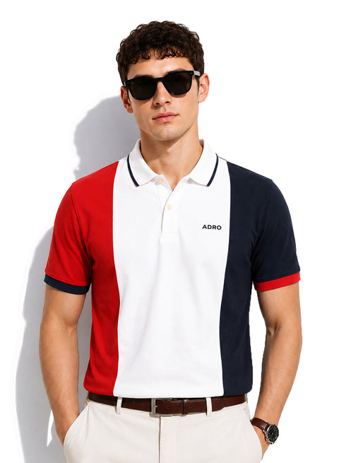 Adro Multicolour Polo T Shirt | 100% Cotton Mens Polo Tshirt | Regular Fit Half Sleeve Cut & Sew Polo T-shirt for men | Tricolor Boldwave