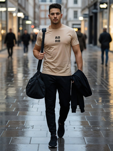 Adro Men’s Regular Fit T-Shirt – Minimal ADRO Text Design | 180 GSM Cotton Lycra Half Sleeve Round Neck Logo Tee