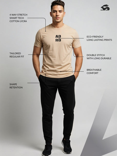 Adro Men’s Regular Fit T-Shirt – Minimal ADRO Text Design | 180 GSM Cotton Lycra Half Sleeve Round Neck Logo Tee