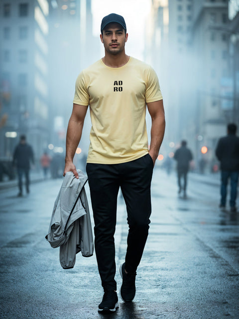 Adro Men’s Regular Fit T-Shirt – Minimal ADRO Text Design | 180 GSM Cotton Lycra Half Sleeve Round Neck Logo Tee