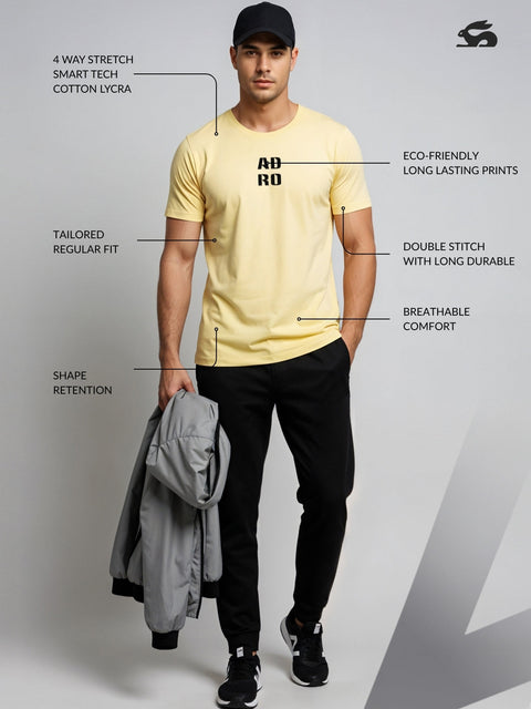 Adro Men’s Regular Fit T-Shirt – Minimal ADRO Text Design | 180 GSM Cotton Lycra Half Sleeve Round Neck Logo Tee