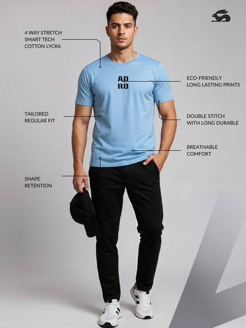 Adro Men’s Regular Fit T-Shirt – Minimal ADRO Text Design | 180 GSM Cotton Lycra Half Sleeve Round Neck Logo Tee