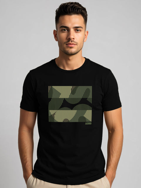 Adro Men’s Regular Fit T-Shirt – Abstract Camo Lines Design | 180 GSM Cotton Lycra Casual Half Sleeve Round Neck Graphic Tee