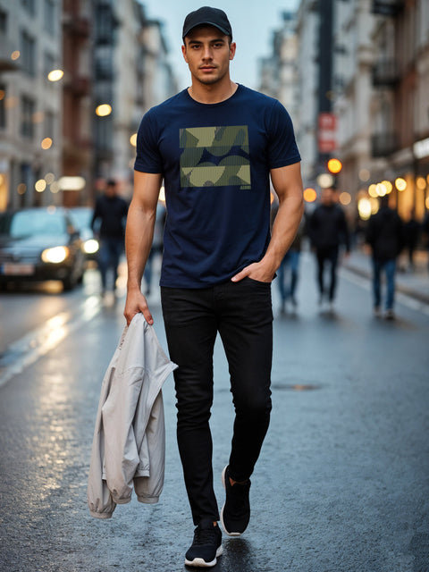 Adro Men’s Regular Fit T-Shirt – Abstract Camo Lines Design | 180 GSM Cotton Lycra Casual Half Sleeve Round Neck Graphic Tee