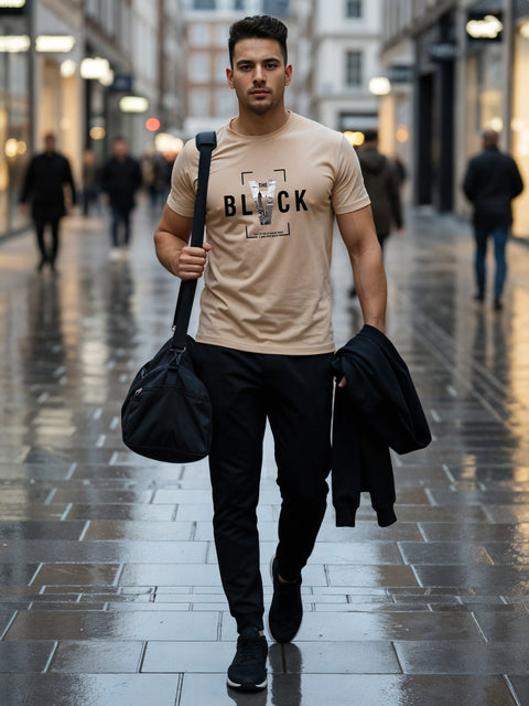 Adro Men’s Regular Fit T-Shirt – Bold Block Vision BLVCK Design | 180 GSM Cotton Lycra Half Sleeve Graphic Tee