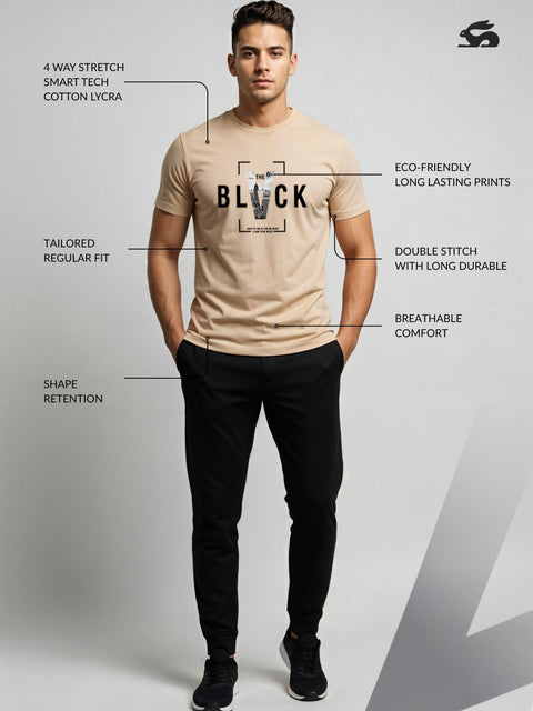Adro Men’s Regular Fit T-Shirt – Bold Block Vision BLVCK Design | 180 GSM Cotton Lycra Half Sleeve Graphic Tee
