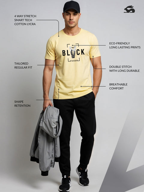 Adro Men’s Regular Fit T-Shirt – Bold Block Vision BLVCK Design | 180 GSM Cotton Lycra Half Sleeve Graphic Tee