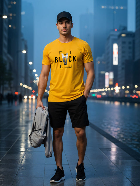 Adro Men’s Regular Fit T-Shirt – Bold Block Vision BLVCK Design | 180 GSM Cotton Lycra Half Sleeve Graphic Tee