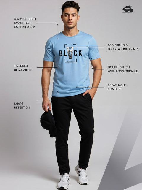 Adro Men’s Regular Fit T-Shirt – Bold Block Vision BLVCK Design | 180 GSM Cotton Lycra Half Sleeve Graphic Tee