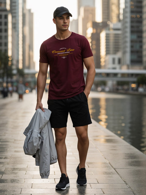 Adro Men’s Regular Fit T-Shirt – Crescent Line Classic Design | 180 GSM Cotton Lycra Soft Stretch Typography Tee