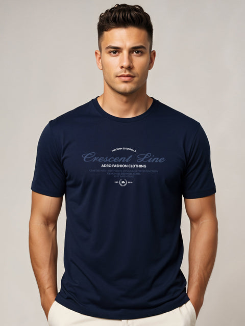 Adro Men’s Regular Fit T-Shirt – Crescent Line Classic Design | 180 GSM Cotton Lycra Soft Stretch Typography Tee