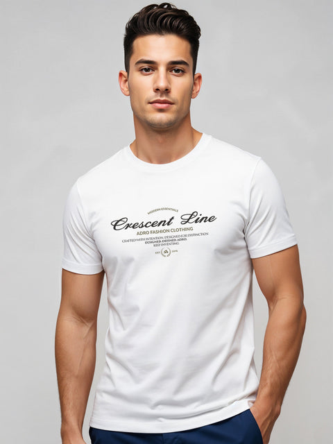 Adro Men’s Regular Fit T-Shirt – Crescent Line Classic Design | 180 GSM Cotton Lycra Soft Stretch Typography Tee